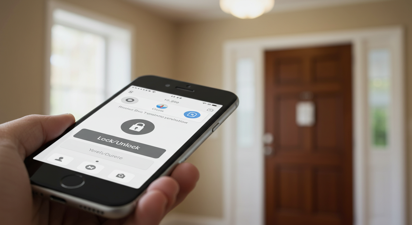 Personne utilisant un smartphone pour déverrouiller une serrure connectée.