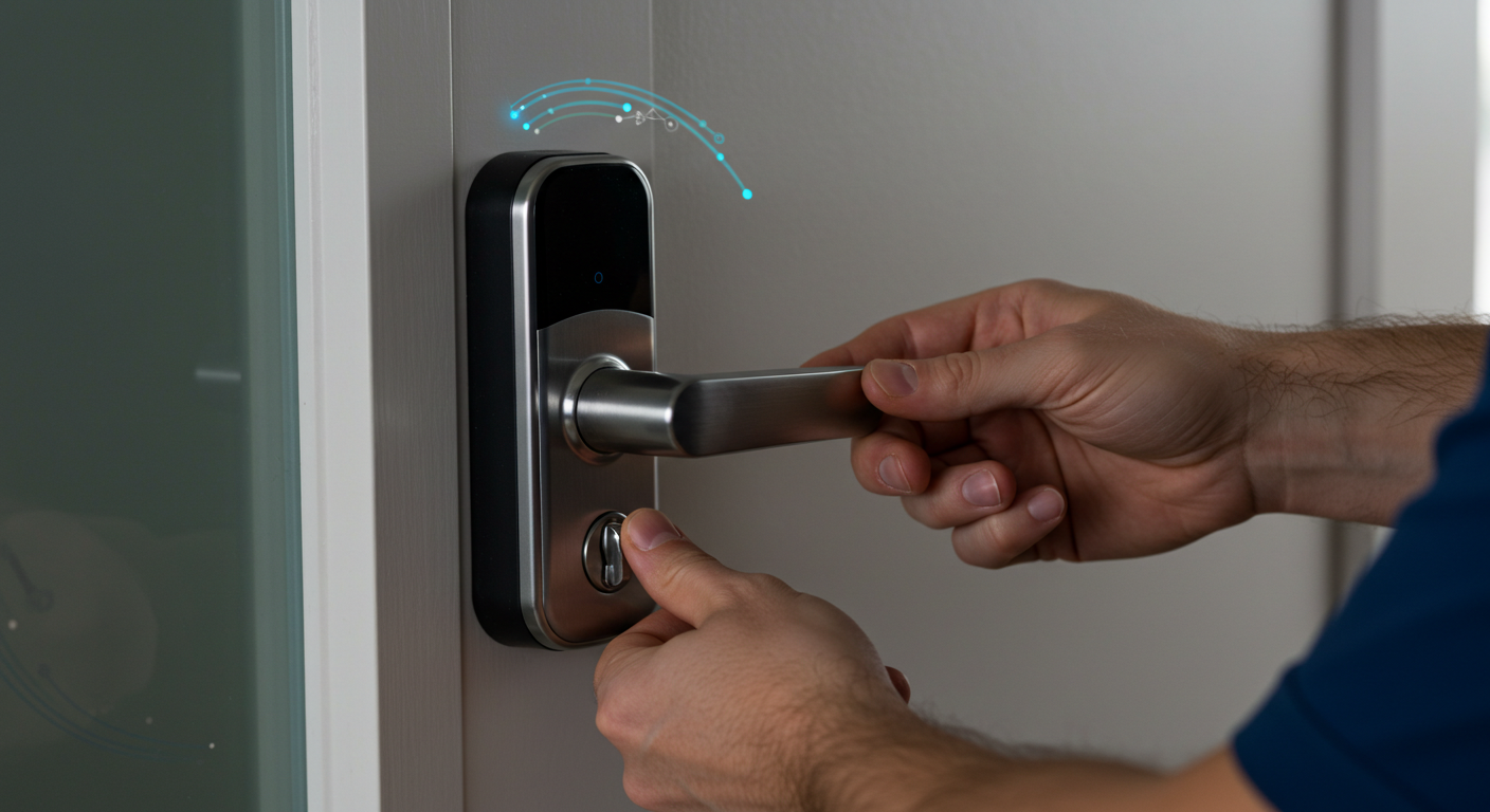 Un serrurier installant une serrure connectée sur une porte d'entrée.